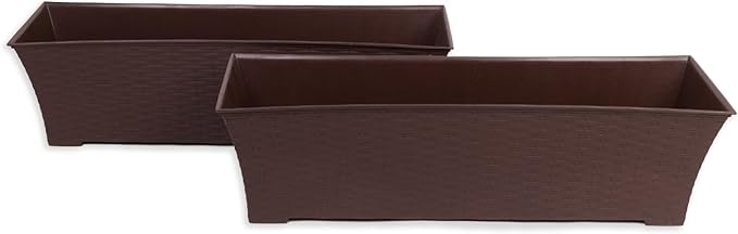 Elly Décor Set of 2 24x8 Rectangular Modern, Resistant and Self Watering Planter with Rattan-Like Finish, 24", Chocolate Brown-Ruum Studio Home