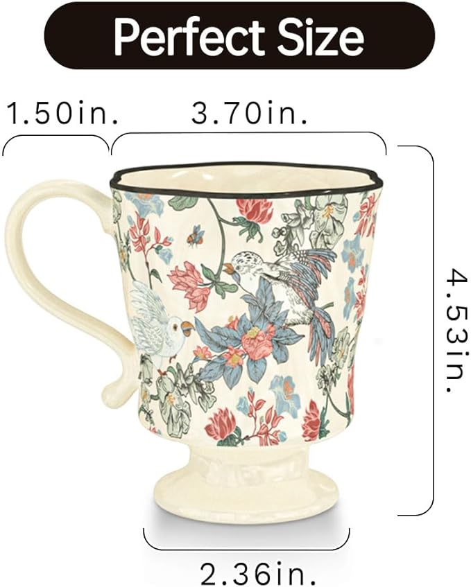 360ml -12.17oz Painted Floral & Bird Ceramic Mug - Cute Coffee Cup for Latte, Espresso - Gift for Women, Dishwasher Safe-Ruum Studio Home