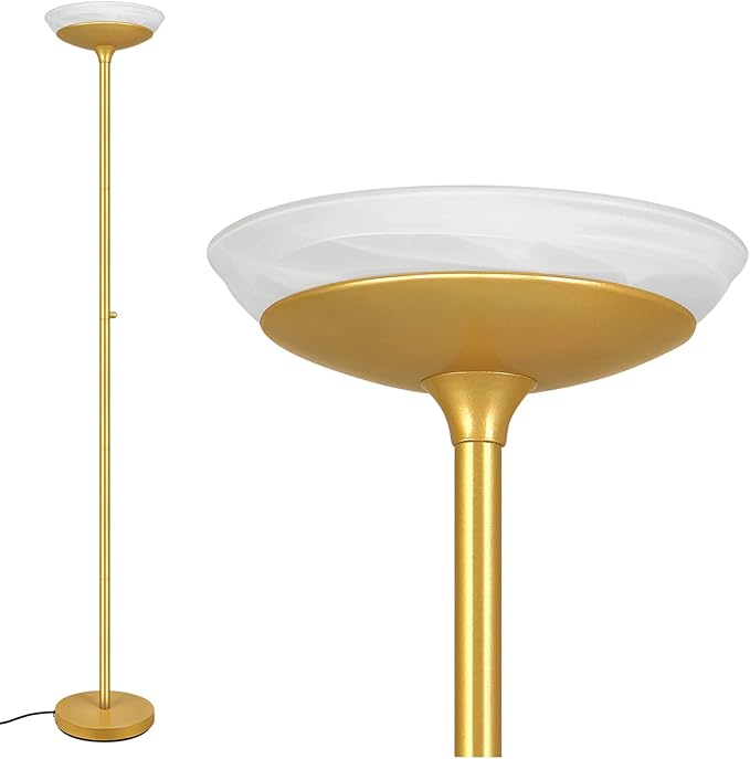 BoostArea Torchiere Floor Lamp, 24W Super Bright LED Standing Lamp, 3000K Stepless Dimmable Pole Lamp with Rotary Switch, 70 Inch Tall Metal Modern Floor Lamps for Living Room/Bedroom/Office/Den, Gold-Ruum Studio Home
