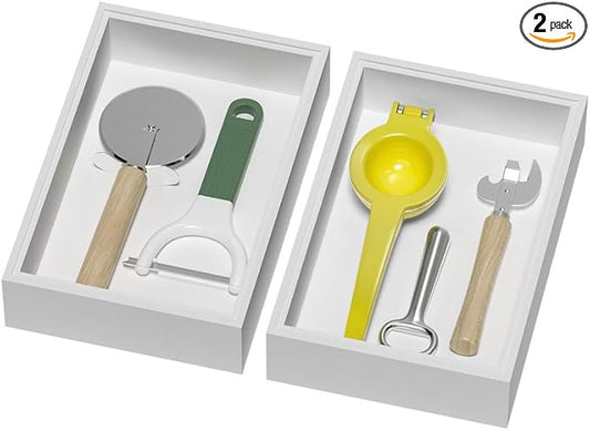 Bamboo Drawer Organizer, Cutlery Silverware Organizer for Kitchen Drawer, Stackable Utensil Organizer, 2 Pcs Flatware Organizer, Wooden Storage Box Tray (White, 9 X 6 X 2 Inch)-Ruum Studio Home