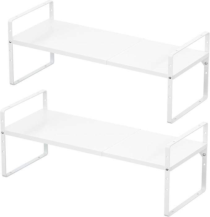 iPEGTOP Expandable Cabinet Storage Shelf Organizer Rack, 2 Pack Heavy Duty Steel Metal Spice Rack Adjustable Height Garage Pantry Shelf Space Riser for Counter Kitchen Organization, White-Ruum Studio Home