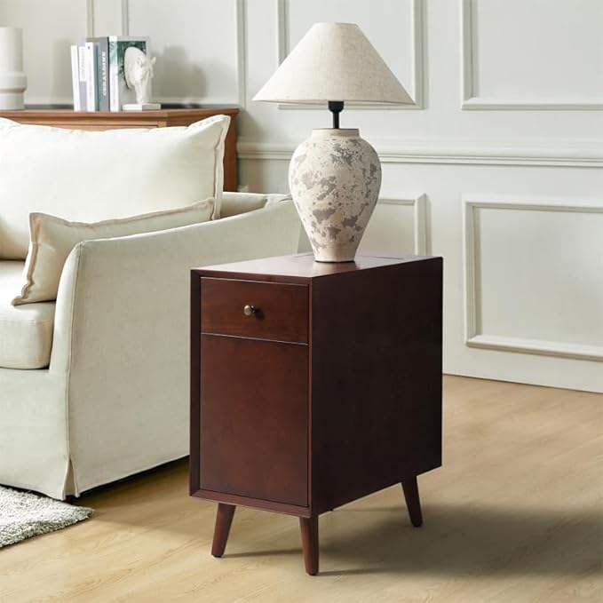 HULALA HOME End Table with Drawer and Charging Station, Modern End Table with USB Ports and Outlets, Wooden Side Table with Storage-Walnut-Ruum Studio Home