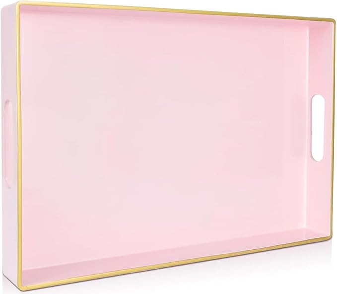 Large Pink Rectangular Decorative Tray – Plastic Serving Tray with Handles for Coffee Table, Ottoman, Living Room, 15.7” x 11.8” x 1.6-Ruum Studio Home