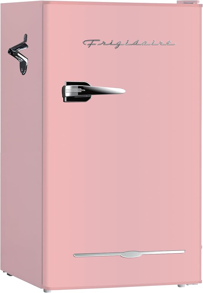 Frigidaire EFR376 Retro Bar Fridge Refrigerator with Side Bottle Opener, 3.2 cu. Ft, Pink/Coral-Ruum Studio Home