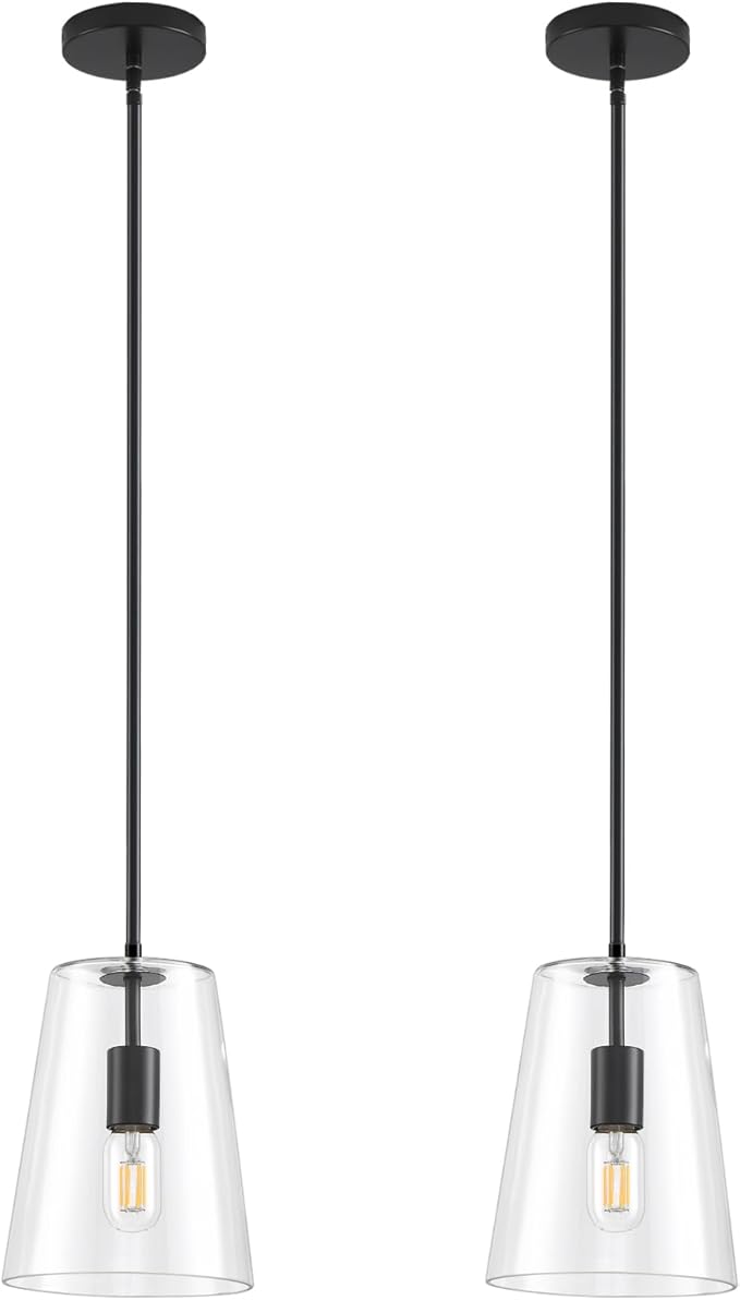 Black Big Pendant Lights Kitchen Island - Clear Glass Pendant Light Fixture Multiple Stems Rods 3 Units 12 Inch 3 Units 4 Inch (2 Pack Black Downrod Pendant with 7.5in W 9.5in H Shade)-Ruum Studio Home
