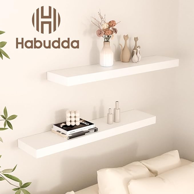 Habudda Floating Shelves for Wall, Display Shelf for Bathroom Bedroom Kitchen, Rustic Decor Pine Solid Wood Bookshelf, 30 Inch Long, Set of 2, White-Ruum Studio Home