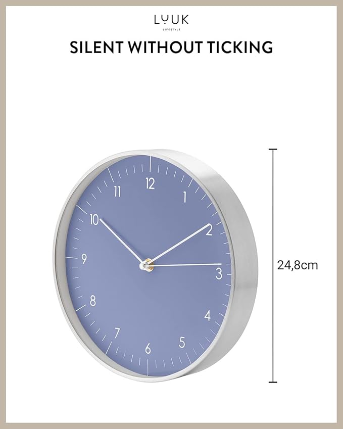 LUUK LIFESTYLE Minimalist Wall Clock with Silent Movement, no Ticking, Modern Design, Kitchen Clock, Decoration and Gift idea, in Blue and Silver-Ruum Studio Home