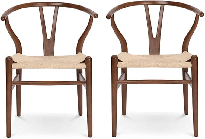 Wishbone Chair Natural Solid Wood Dining Chair/Hans Vegner Y Chair Rattan and Wood Accent Armrest Chairs (Ash Wood - Walnut 2 Chairs)-Ruum Studio Home
