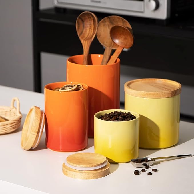 Sweejar Ceramic Food Storage Jar, Stackable Kitchen Canisters, Containers with Airtight Seal Wooden Lid for Serving Ground Coffee, Tea, Sugar, Salt and More - 16 Fl Oz (Gradient Orange)-Ruum Studio Home