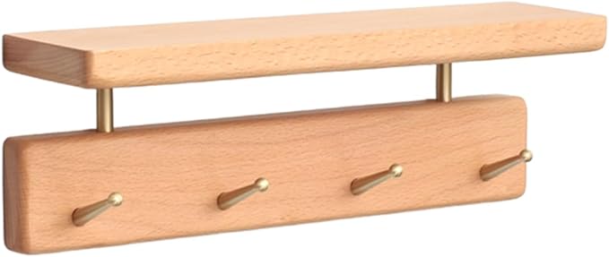 Shelf with Hooks, Solid Wood Bedroom Shelves for Wall, Wooden Coat Rack Wall Mount for Bathroom, Kitchen, Door Entryway (Beech, 30cm/11.81inch)-Ruum Studio Home