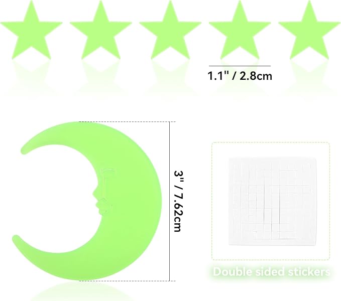 100 Stars and 1 Moon Glow in The Dark Luminous Fluorescent 3D Plastic Glow Stars Moon for Ceiling, Glowing Wall Stickers Create a Realistic Starry Sky, Room Decorations (Green)-Ruum Studio Home