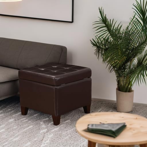 Adeco 15.2" Modern Brown Faux Leather Storage Ottoman with Tufted Flip Top for Living Room, Tufted Accents Rectangular Bench for Foot Rest-Ruum Studio Home