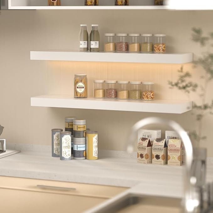 Habudda Floating Shelves for Wall, Display Shelf for Bathroom Bedroom Kitchen, Rustic Decor Pine Solid Wood Bookshelf, 30 Inch Long, Set of 2, White-Ruum Studio Home