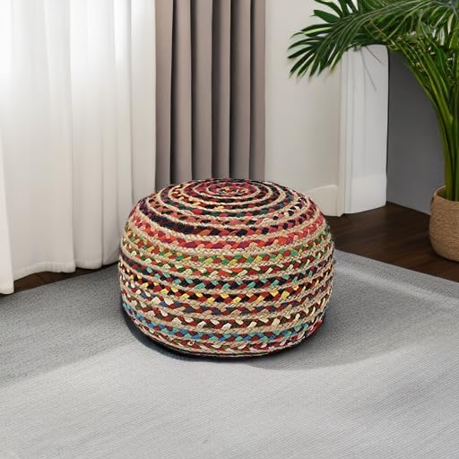 REDEARTH Round Pouf Ottoman - Braided Boho Poof Home Décor Pouffe Accent Sitting Circular Foot Rest for Living Room, Bedroom, Nursery, Kidsroom, Lounge; Jute and Cotton (19.5"x19.5"x14"; Multi)-Ruum Studio Home