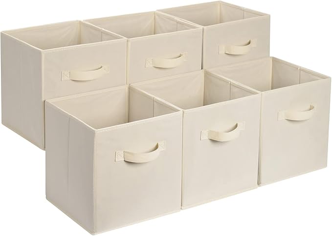 Amazon Basics Collapsible Fabric Storage Cube Bins Organizer with Handles, Sturdy, Beige, 13-x-13-x-13-inch, Pack of 6-Ruum Studio Home
