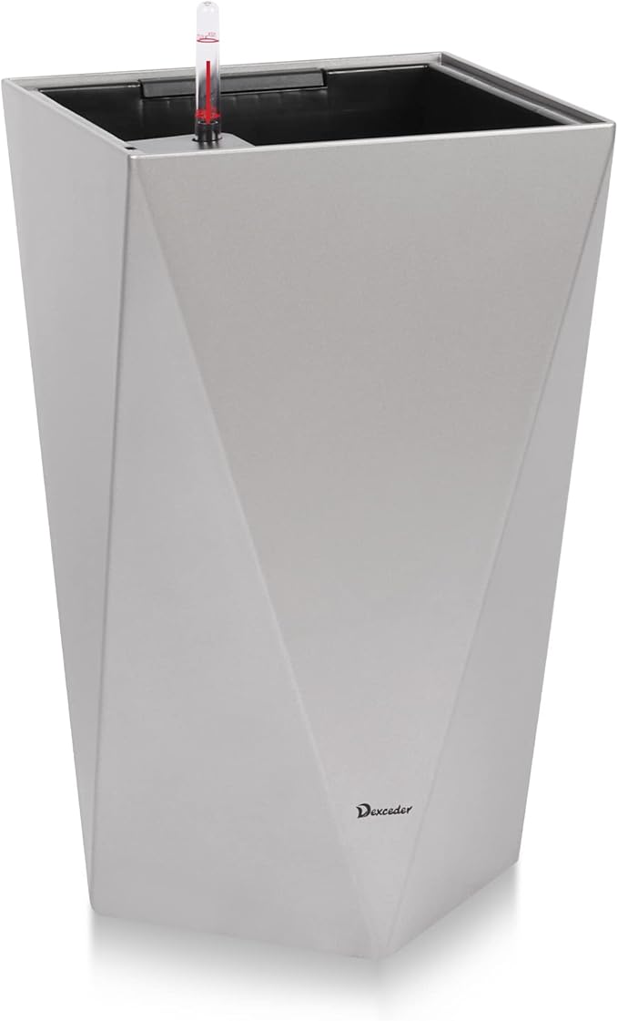 Dexceder 20 Inches Tall Self Watering Planter Diamond Metallic Matte Indoor Outdoor, Thickened Rhombus Large Floor Standing Flower Plant Pot with Water Level Indicator (Gray)-Ruum Studio Home
