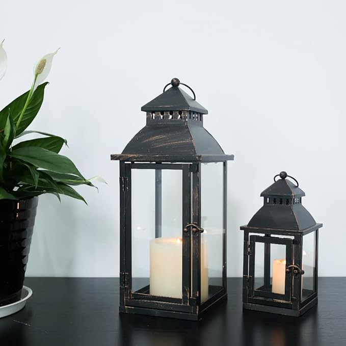 NEEDOMO Bronze Metal Lanterns Decorative Outdoor & Indoor, Set of 4 (17" & 10") with Glass, Candle Holder for Porch, Patio, Garden, Balcony, Wedding, Table Centerpiece Decorations-Ruum Studio Home