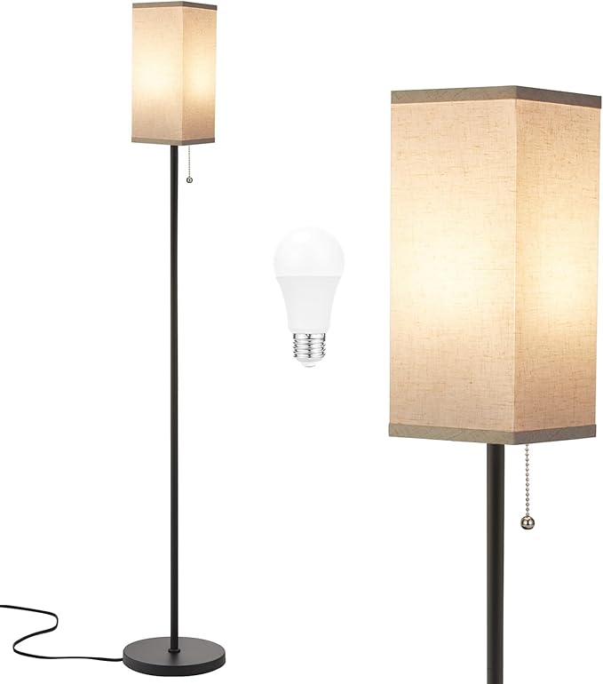 Ambimall Floor Lamp with 3 Color Temperatures Bulb & Pull Chain Switch, 64" Standing lamp, Beige Square Shade & Black Pole-Ruum Studio Home