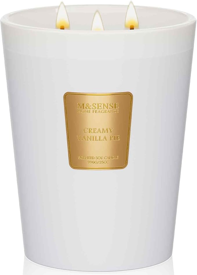 M&SENSE Extra Large Candle Creamy Vanilla Scented, 3-Wick 35oz 150H Long Lasting, Natural Soy Wax Aromatherapy Candle for Stress Relief, Home Fragrance Housewarming Gifts Candle for Home Decor-Ruum Studio Home