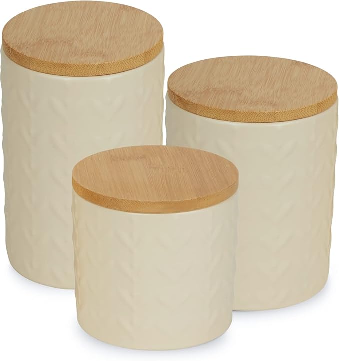 DII Kitchen Accessories Collection, Textured Matte Ceramic Canister Set, Antique White, Vine, 3 Piece-Ruum Studio Home