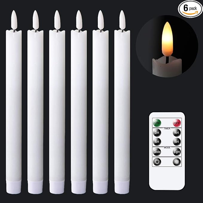 GenSwin Flameless White Taper Candles Flickering with 10-Key Remote, Battery Operated Led Warm 3D Wick Light Window Candles Real Wax Pack of 6, Christmas Home Wedding Decor(0.78 X 9.64 Inch)-Ruum Studio Home