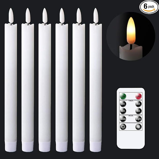 GenSwin Flameless White Taper Candles Flickering with 10-Key Remote, Battery Operated Led Warm 3D Wick Light Window Candles Real Wax Pack of 6, Christmas Home Wedding Decor(0.78 X 9.64 Inch)-Ruum Studio Home