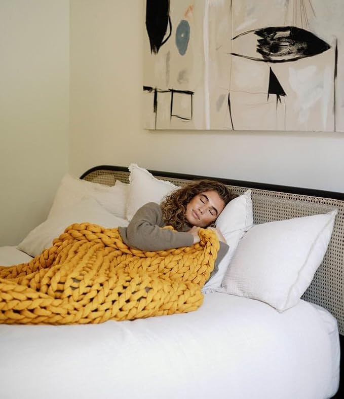 Nuzzie Chunky Knit Blanket - Breathable, Cooling, Hand Made Knit Throw Blanket for Sleep - Machine Washable, Stylish Decor Design (Marigold, Full | 16lbs | 48"x72")-Ruum Studio Home