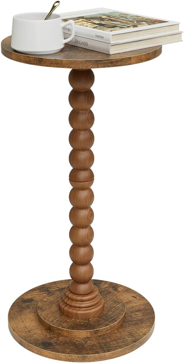 Masupu Round Side Table, Small End Table for Small Spaces, Pedestal Drink Table with Solid Wood Leg for Living Room, Bedroom, Corners(Rustic Brown)-Ruum Studio Home