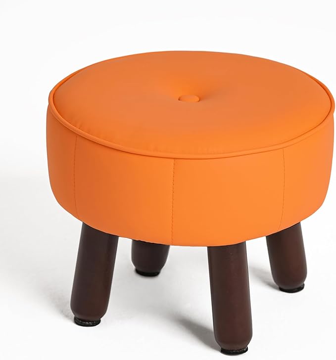 13in Small Foot Stool Ottoman, Round Faux Leather Foot Rest for Couch, Under Desk Pouf Footstool Footrest with Non-Skid Rubber Legs for Ling Room, Bedroom, 13''L x 13''W x 10.2''H, Orange-Ruum Studio Home