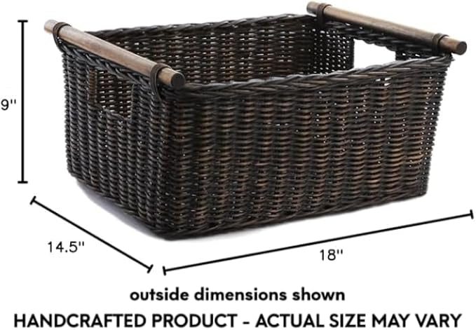 The Basket Lady Pole Handle Wicker Storage Basket, Large, 18 in L x 14.5 in W x 9 in H, Antique Walnut Brown-Ruum Studio Home
