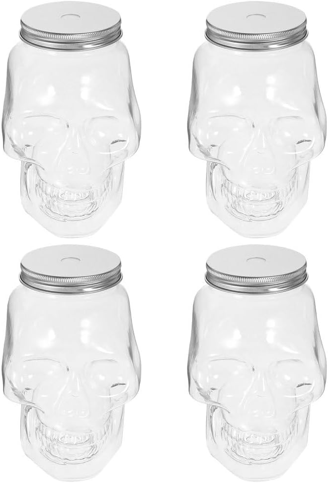 VOSAREA 4pcs Halloween Beverage Bottles Clear Skull Shaped Jar Cups 800ml Plastic Drink Bottles with Screw Straw Hole Lid Party Water Tumbler Skull Beverage Juice Mug-Ruum Studio Home