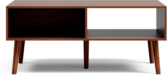 Coffee Table with Storage, Mid Century Dining Table with Sliding Fluted Door and Solid Wood Legs, Small Coffee Tables for Living Room, Walnut-Ruum Studio Home