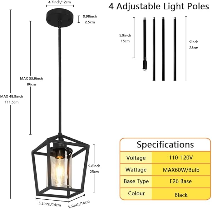 1 Pack Black Pendant Light Fixture Farmhouse Iron Cage Metal Pendant Light Lantern Hanging Light Fixtures with Clear Glass Shade for Kitchen Island, Dining Room, Hallway,Entryway1-Ruum Studio Home