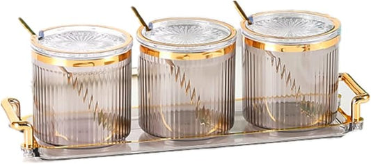 Acrylic Condiment Spice Jars,Condiment Spice Box With Lids and Spoons and Tray,Clear Plastic Condiment Canisters,Seasoning Box 3 Pack,Seasoning Box Set for Kitchen to Storage Salt,Paprika,Sugar-Ruum Studio Home