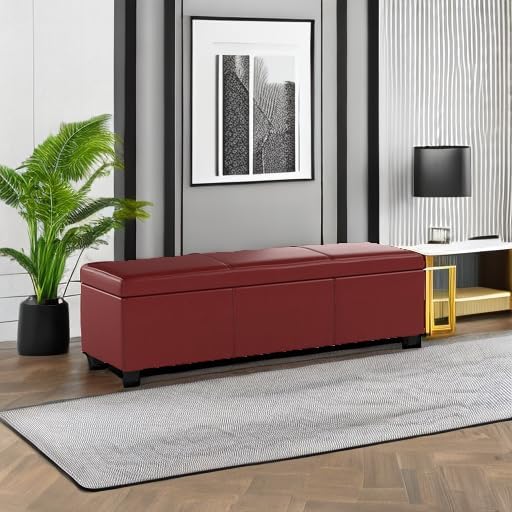 BELLEZE Storage Faux Leather Ottoman, 47 Inch Bench Bedroom Bench with Safety Close Hinge, Extra Long Ottoman with Storage for Living Room, Entryway, Hallway, Foot Rest, Support 300lbs - Red-Ruum Studio Home