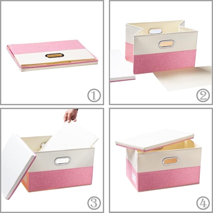 PRANDOM Collapsible Storage Bin with Lid [3-Pack] Fabric Foldable Storage Box Organizer Container Basket Cube with Cover for Home Bedroom Closet Office Nursery Pink&Cream(14.9x9.8x9.8)-Ruum Studio Home