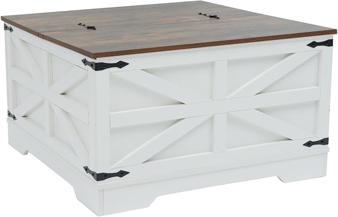 Coffee Table with Storage, Rustic White Square Coffee Tables for Living Room, Lift top Coffee Table with Large Hidden Compartment, Smart Cocktail Tables with Flip Top Lids for Home Office-Ruum Studio Home