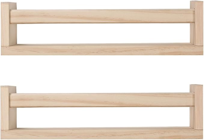 Nursery Floating Book Shelves for Kids Room, Kitchen Spice Rack, or Rustic Wall Mounted Shelves for Farmhouse Bathroom Decor (Natural Wood),Set of 2-Ruum Studio Home