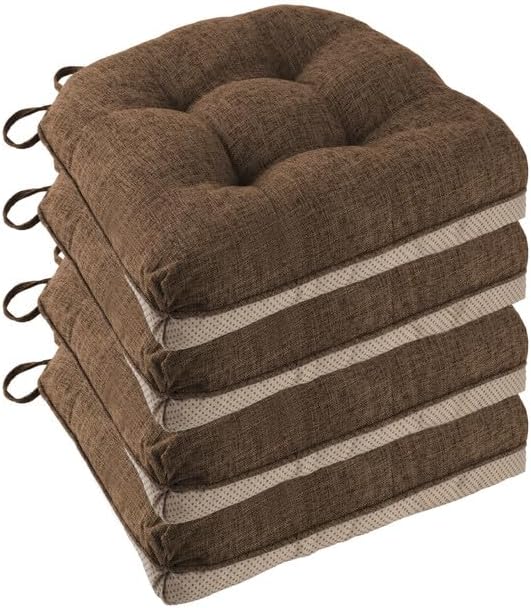 Non Slip Chair Cushions for Dining Chairs Set of 4 Kitchen Chair Cushions 18"x18"x3" Turfted Chair Pads Comfortable and Soft Seat Cushion with Ties, Coffee-Ruum Studio Home