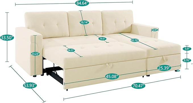 Naomi Home L-Shaped Reversible Sectional Sofa with Pull-Out Sleeper Bed and Storage Chaise, Cream Velvet-Ruum Studio Home