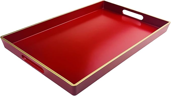 Red Decorative Tray, Rectangular Serving Tray with Handles, Plastic Coffee Table Tray for Ottoman, Living Room, Kitchen Tabletop, 15.6” x 10.2” x1.37”-Ruum Studio Home
