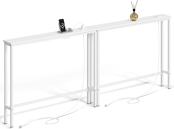 ELYKEN 2 Pack 5.9" Narrow Console Sofa Table with Power Outlets, 5.9" Dx39.4 Wx31.1 H Long Couch Table with Metal Frame and Charge Station with 6.5’ Extension Cord, White-Ruum Studio Home