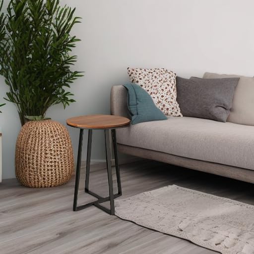 Round End Tables, Small Side Table Walnut Color MDF Top, Metal Frame Black, Tall End Table for Bed Room, Coffee Tea End Table for Living Room(Walnut+Black)-Ruum Studio Home