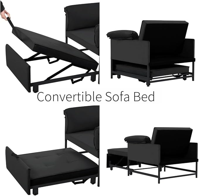 Pull Out Sofa Bed, Convertible Sleeper Chair Bed with Lumbar Pillow, 3-in-1 Sofa Chair with 3 Adjustable Backrest, Armchair Sleeper Small Couch for Small Spaces Living Room Black-Ruum Studio Home