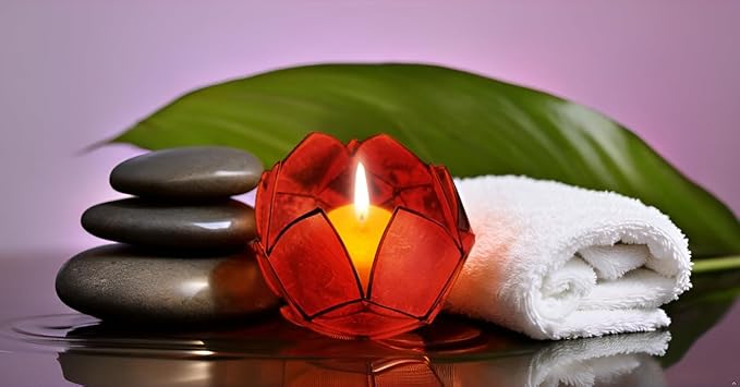 Blooming Lotus Capiz Shell Tealight Candle Holder, Handcrafted Decorative Tea Light Candleholder with Translucent Flower Petals for Ambient Illumination and Natural Elegance, Red-Ruum Studio Home