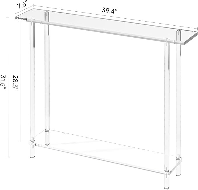 Sleek Modern 2-Tier Acrylic Console Table, 39.4" L x 7.6" W x 31.5" H - Entryway Table for Hallway, Living Room, Sofa Side, Small Spaces (Clear)-Ruum Studio Home
