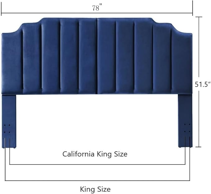 24KF Navy Blue Velvet Tufted King Upholstered Headboard, Modern Vertical Channel Design California King Headboard with Stepped Silhouette Top Edge, Navy Blue-Ruum Studio Home