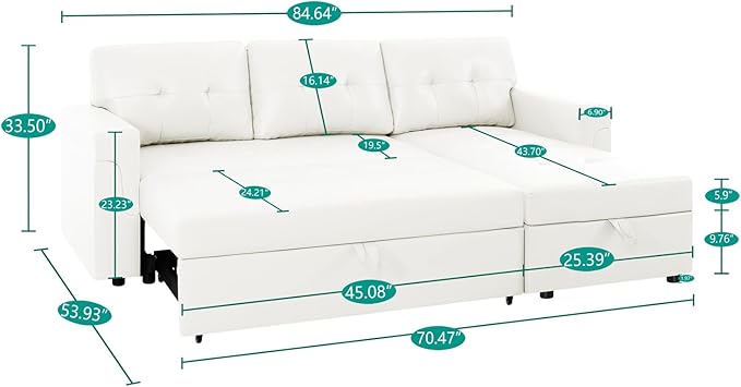 Naomi Home Transform Any Space: Sleeper Sectional Sofa with Convertible Sofa Bed & Inviting Chaise. Find Tranquil Comfort with Stress-Relieving Design & Durable Cushions - White/Air Leather-Ruum Studio Home