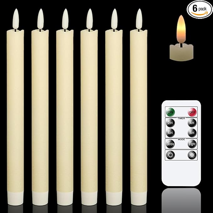 GenSwin Flameless Ivory Taper Candles Flickering with 10-Key Remote, Battery Operated Led Warm 3D Wick Light Window Candles Real Wax Pack of 6, Christmas Home Wedding Decor(0.78 X 9.64 Inch)-Ruum Studio Home