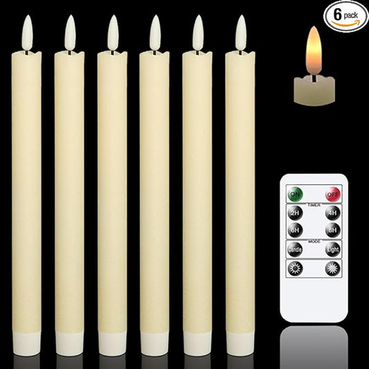 GenSwin Flameless Ivory Taper Candles Flickering with 10-Key Remote, Battery Operated Led Warm 3D Wick Light Window Candles Real Wax Pack of 6, Christmas Home Wedding Decor(0.78 X 9.64 Inch)-Ruum Studio Home